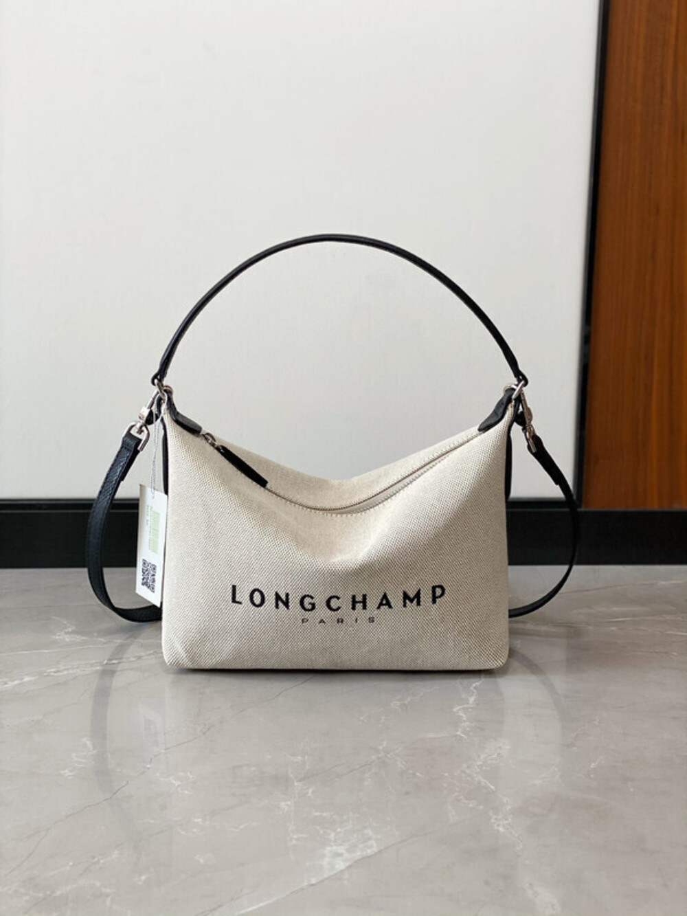 Longchamp Canvas Hobo Shoulder Bag Black Leather Trim Crossbody
